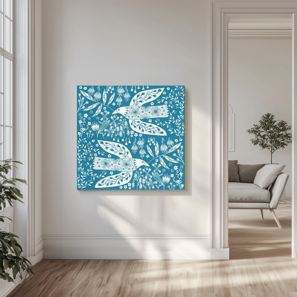 Peace Doves And Flowers White On Teal Green | Canvas