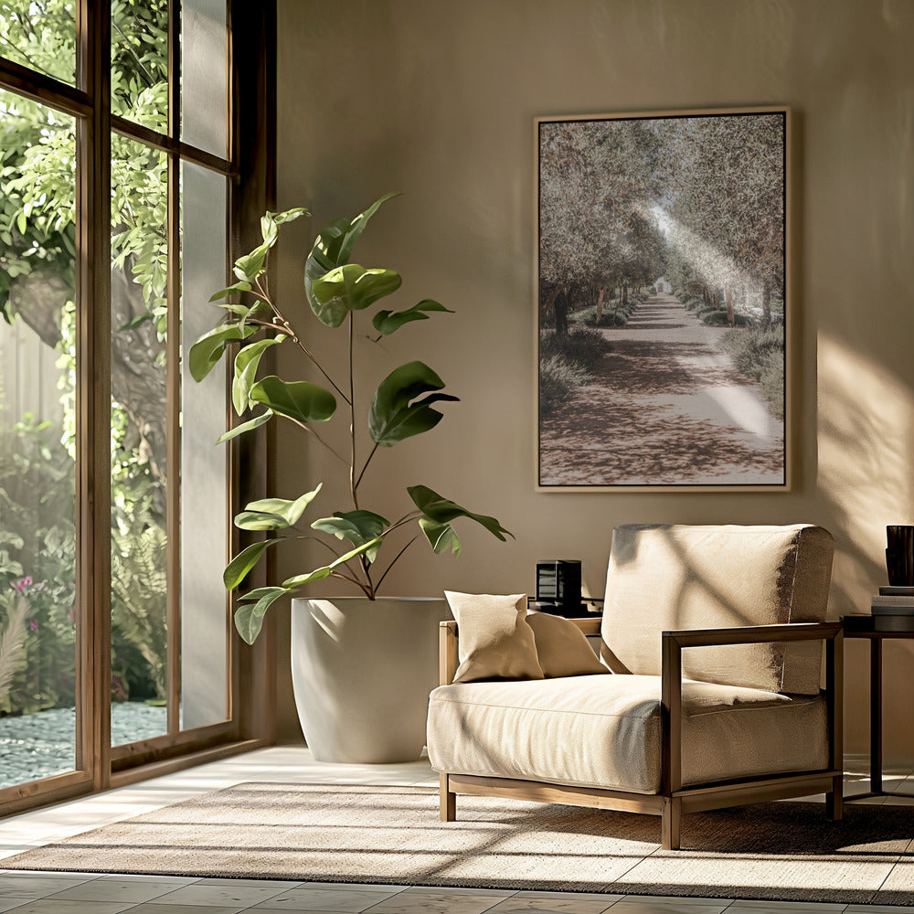 A Serene Tree Lined Path with Sunlight | Poster