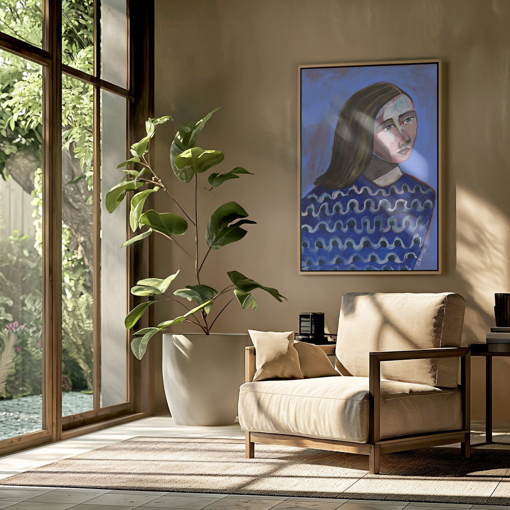 Woman in Blue Sweater Naive Portrait Figurative | Poster