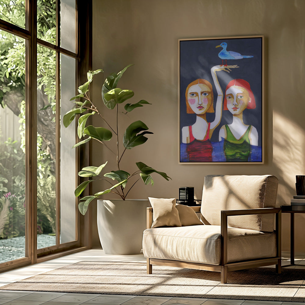 Swimming Girls with Blue Seagul. | Poster