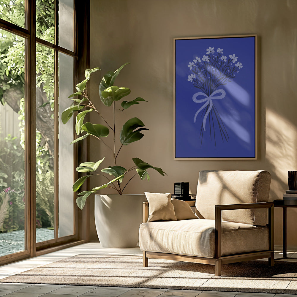 Floral Bouquet With Bow - monochrome blue | Poster