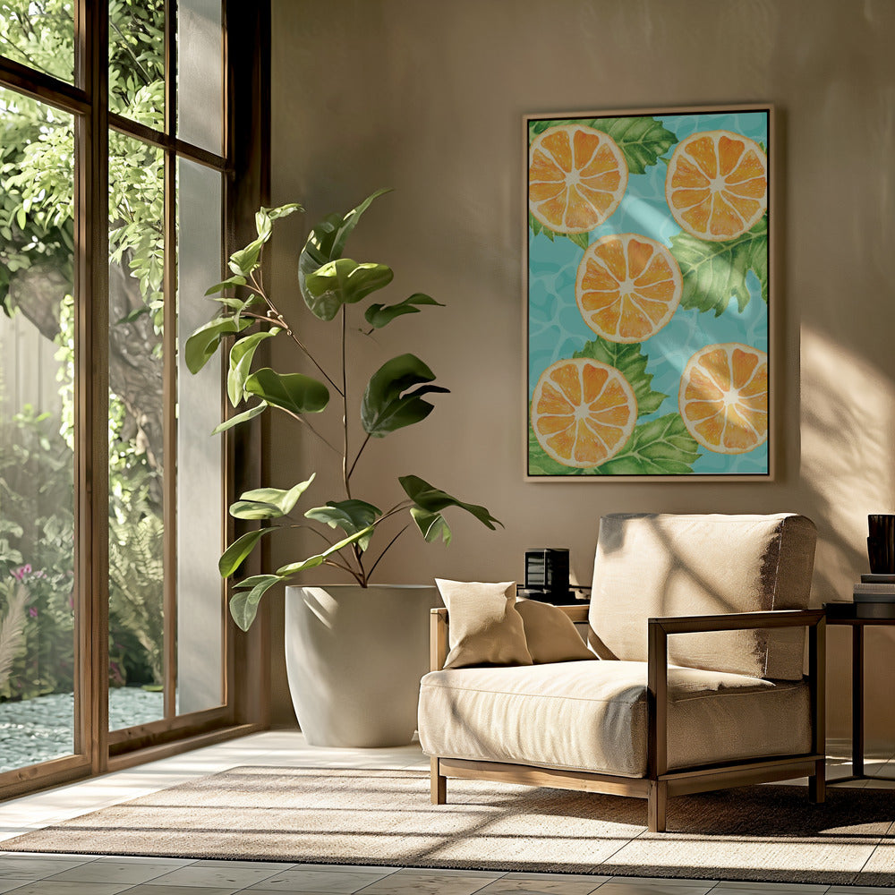 Vibrant Aesthetic Pattern of Orange Slices and Leaves - Refreshing Summer Watercolor | Poster