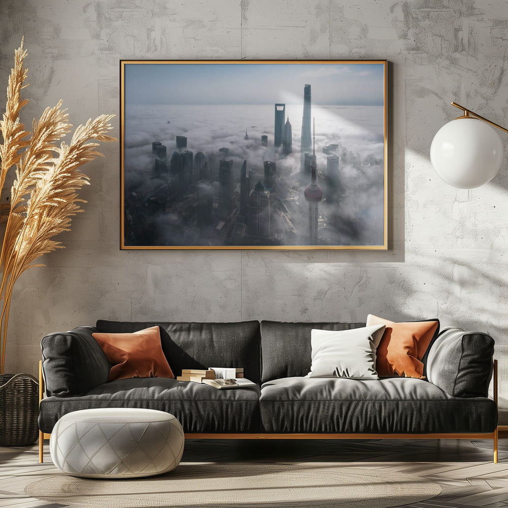 Shanghai in the fog from above | Canvas