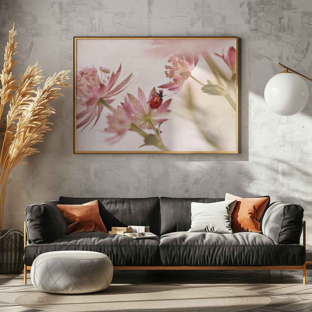 Ladybird and pink flowers | Canvas