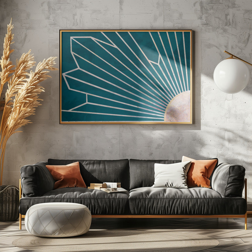 Gold geometric sun rays mural turquoise | Poster