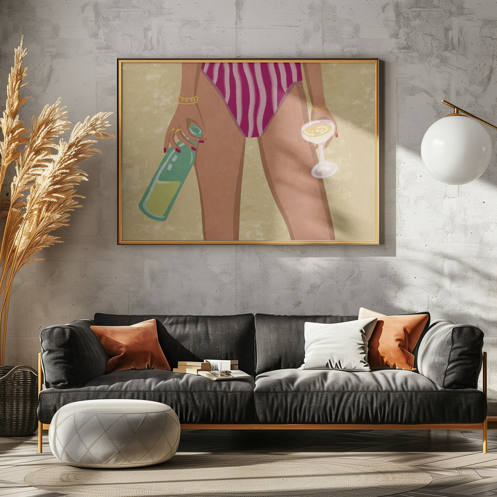 Girl with wine at the beach | Canvas