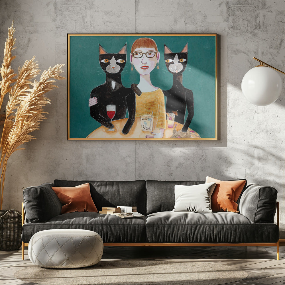 Lady with her two black cats having drinks | Poster