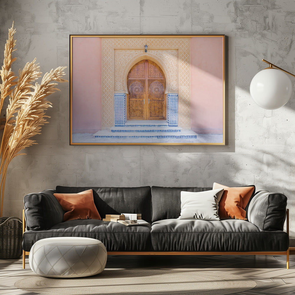 Brown door, blue tiles, pink wall in Morocco | Poster