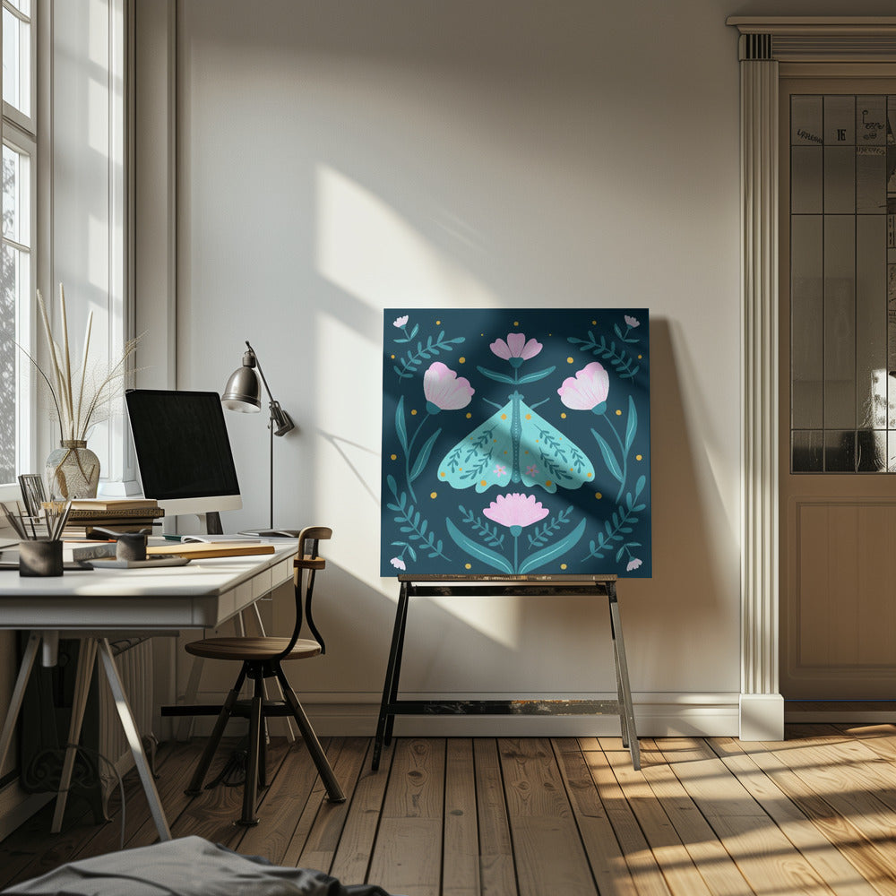 Moth and Flowers - turquoise | Canvas