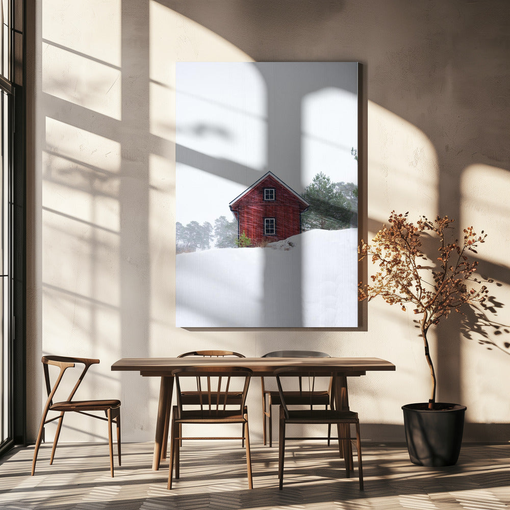 Old red house during snowstorm | Canvas