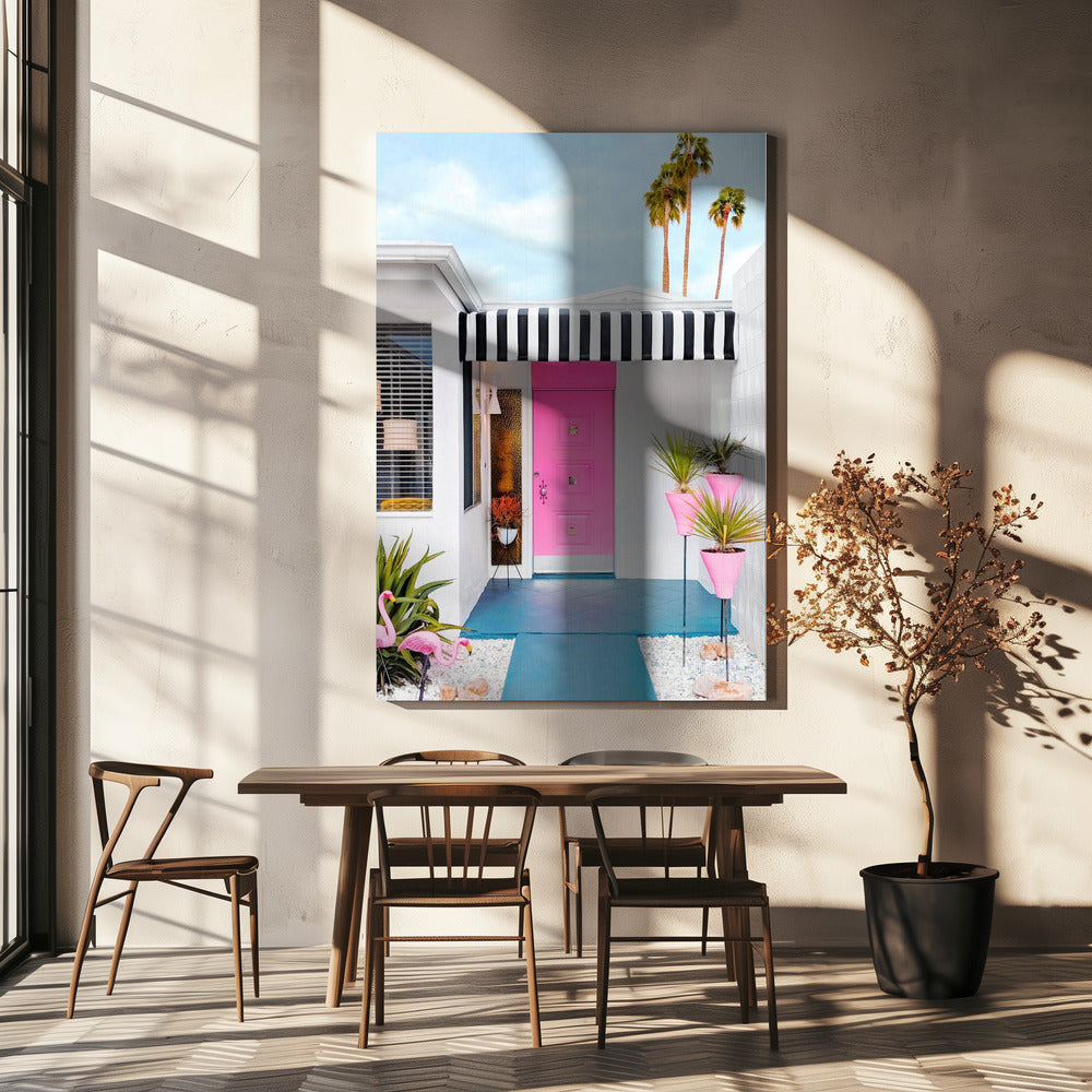Pink Door with Yard Flamingos | Canvas
