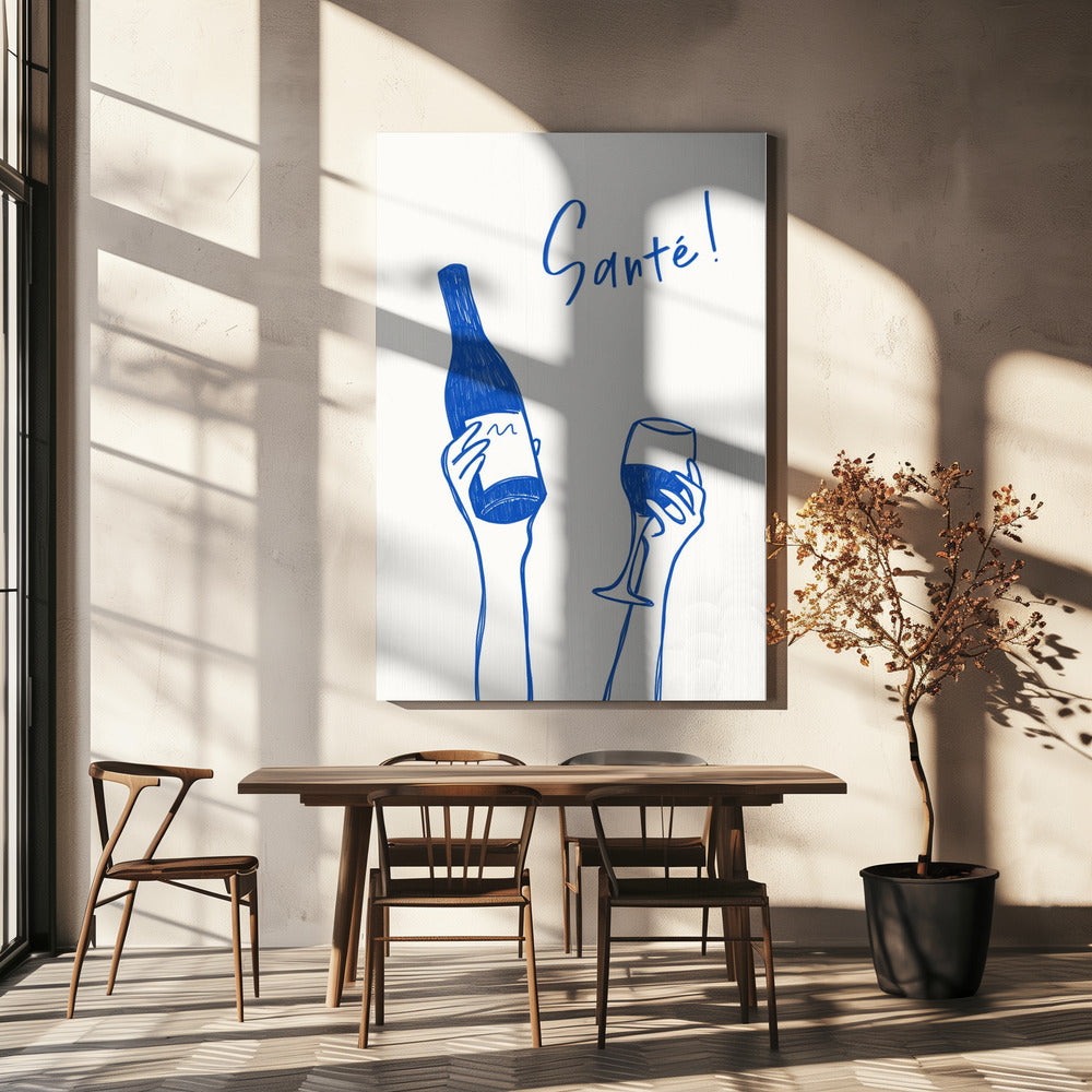Hands holding a wine bottle and a wine glass with the text "Cheers!" in French | Canvas