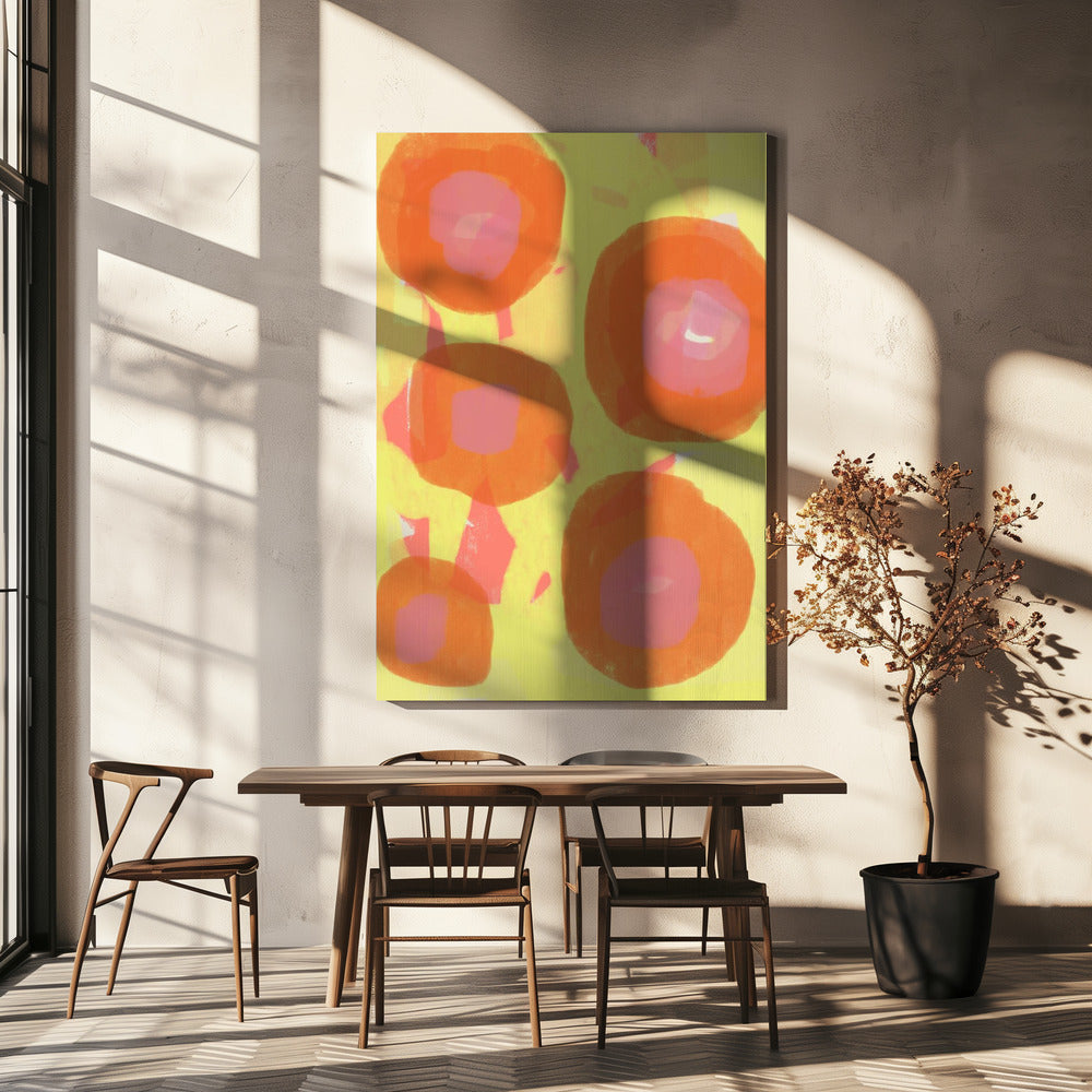 Abstract Painting. Boho roses in orange and pink on yellow. | Canvas