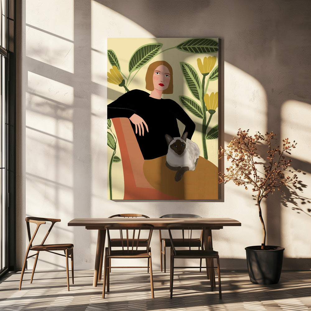Lady with plants and cat | Canvas