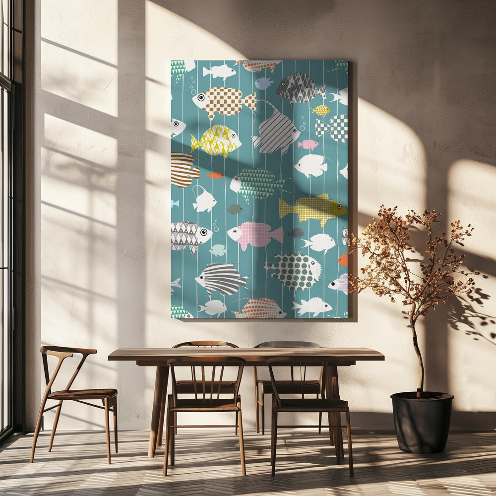 Fresh fish on teal pattern | Canvas