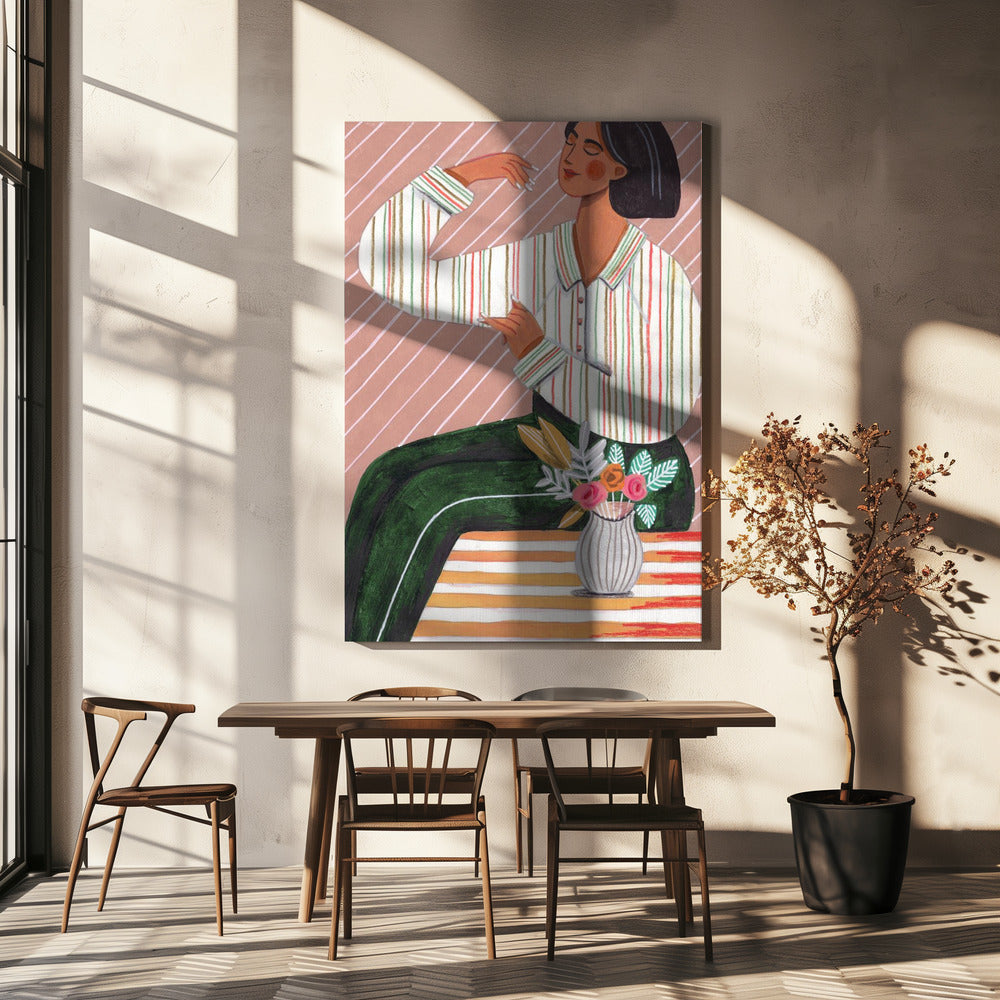 Woman in Stripes Shirt and Green Pants | Canvas