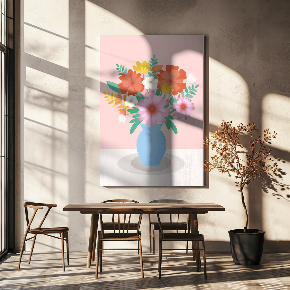 Vibrant Bouquet of Flowers in a Blue Vase | Canvas