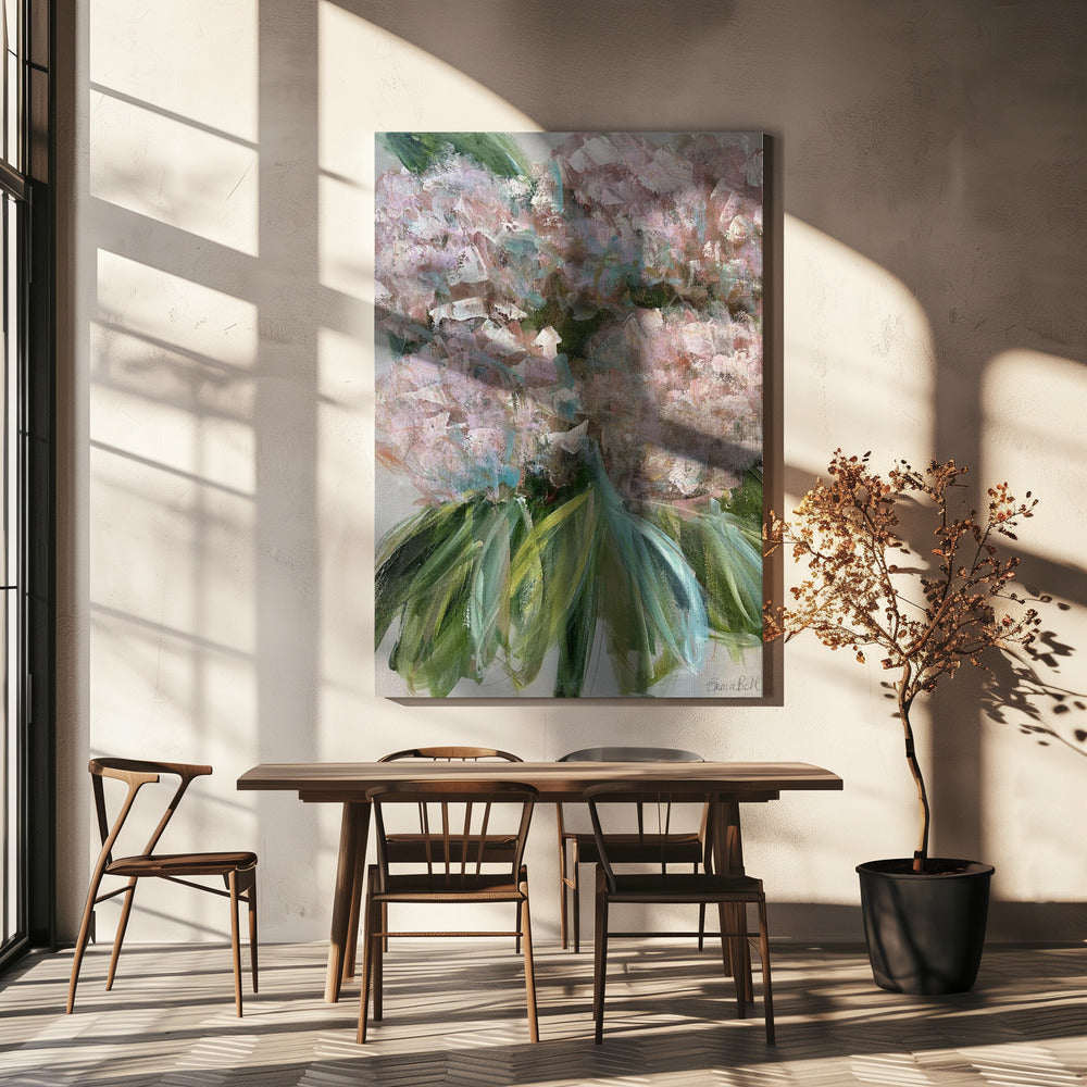 Pink Hydrangeas with Green Leaves | Canvas