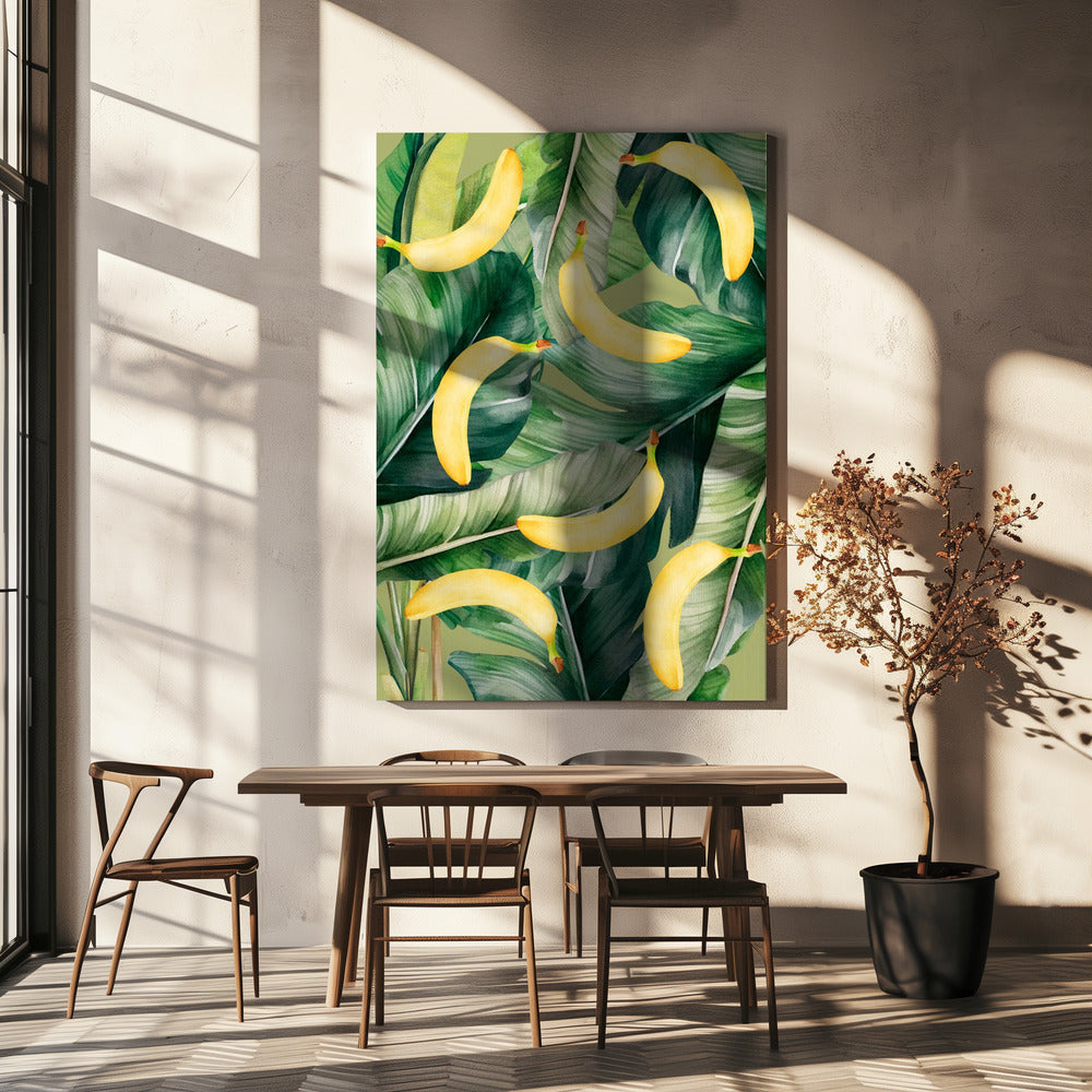 Fresh Banana & Lush Tropical Leaves Aesthetic Pattern - Natural Watercolor Design | Canvas