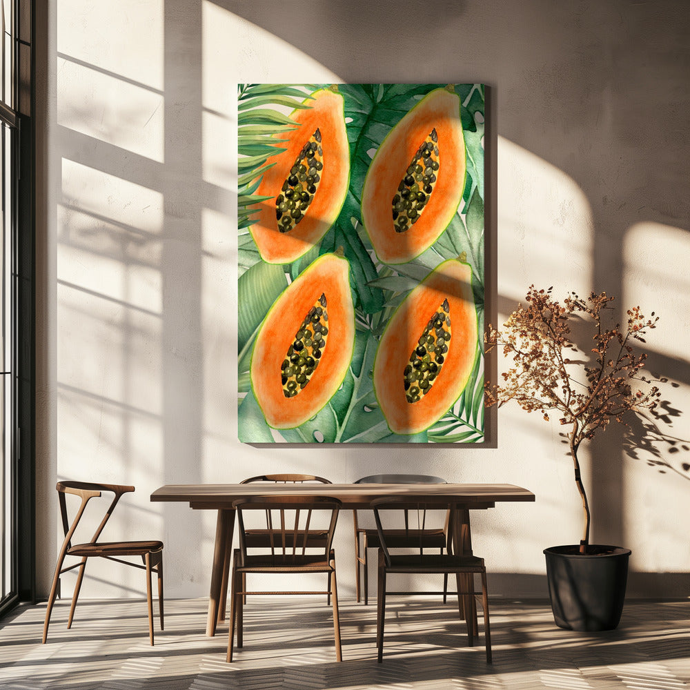 Exotic Papaya and Lush Green Leaves Aesthetic Pattern - Tropical Botanical Watercolor | Canvas