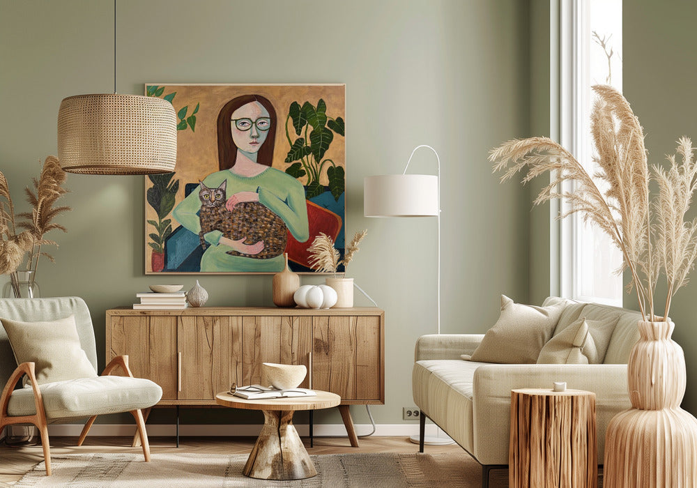 Lady with her Cat in Loungeroom | Canvas