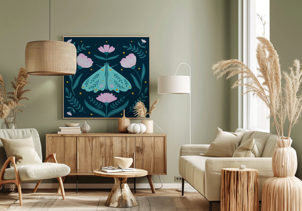 Moth and Flowers - turquoise | Canvas