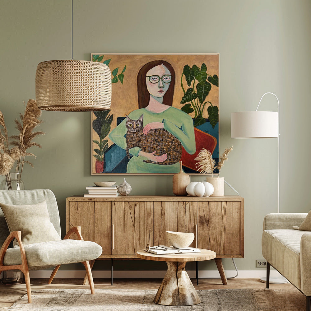 Lady with her Cat in Loungeroom | Canvas