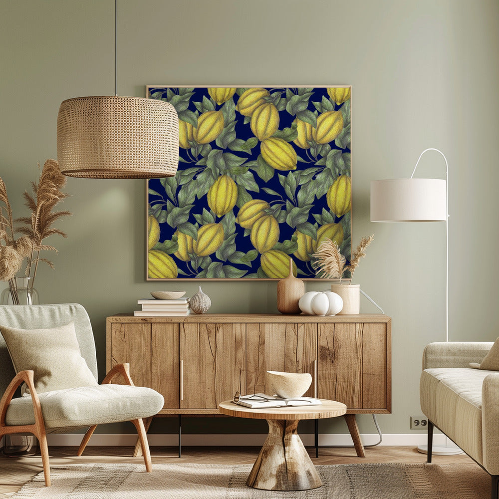Yellow Lemon with Green Leaves | Canvas