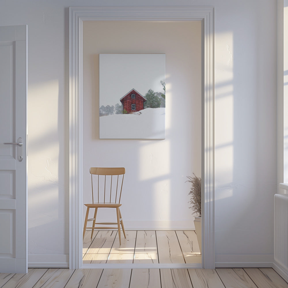 Old red house during snowstorm | Canvas