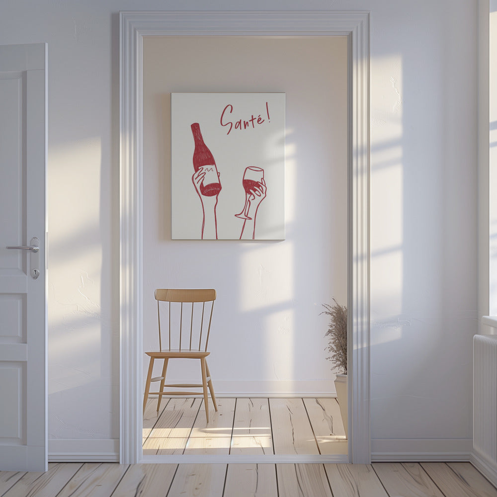 Hands holding a wine bottle and a wine glass with the text "Cheers!" in French | Canvas
