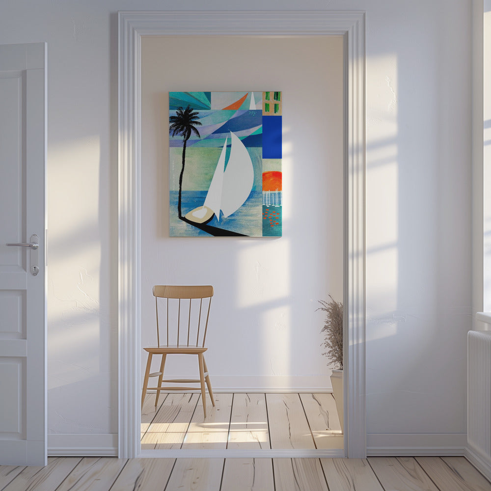 Colourful Mediterranean Travel Art Print With Sunrise And Palm Tree | Canvas