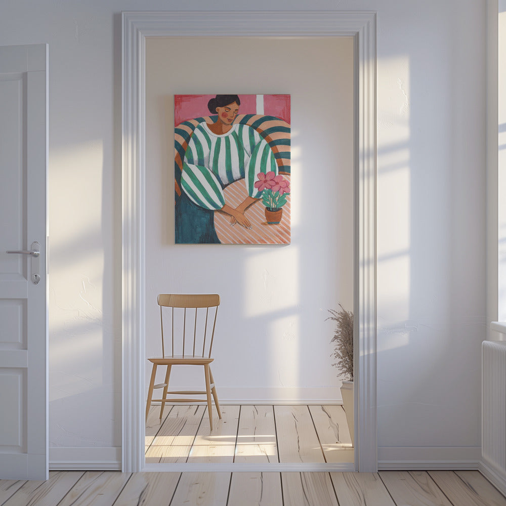 Woman in stripes in thought | Canvas