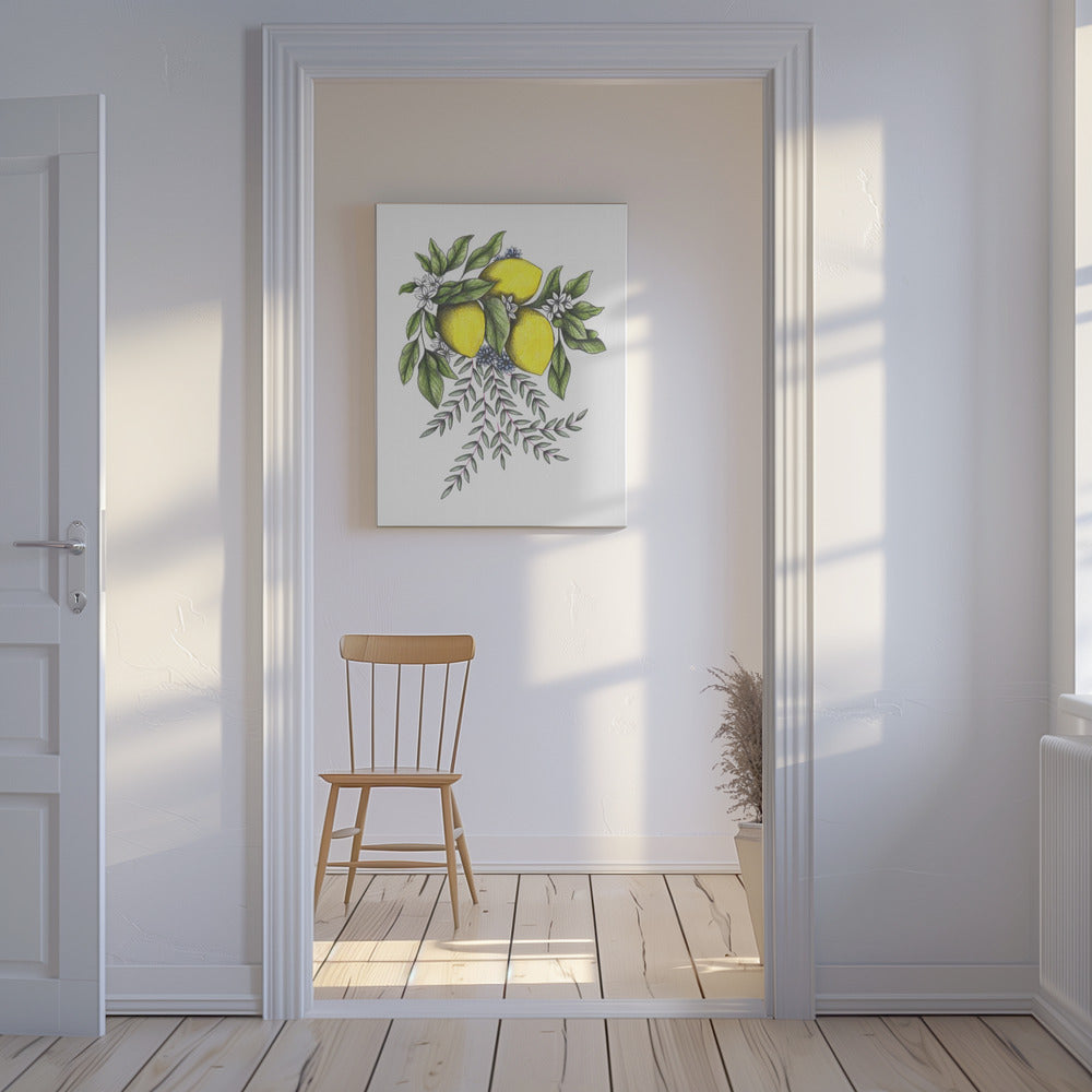 Lemons and Green leaves with Delicate White Blossoms | Canvas