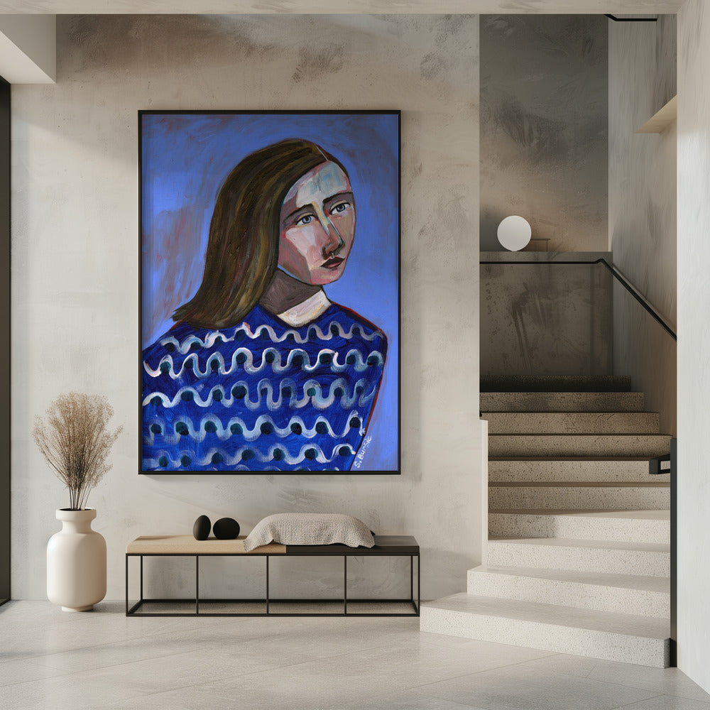 Woman in Blue Sweater Naive Portrait Figurative | Poster