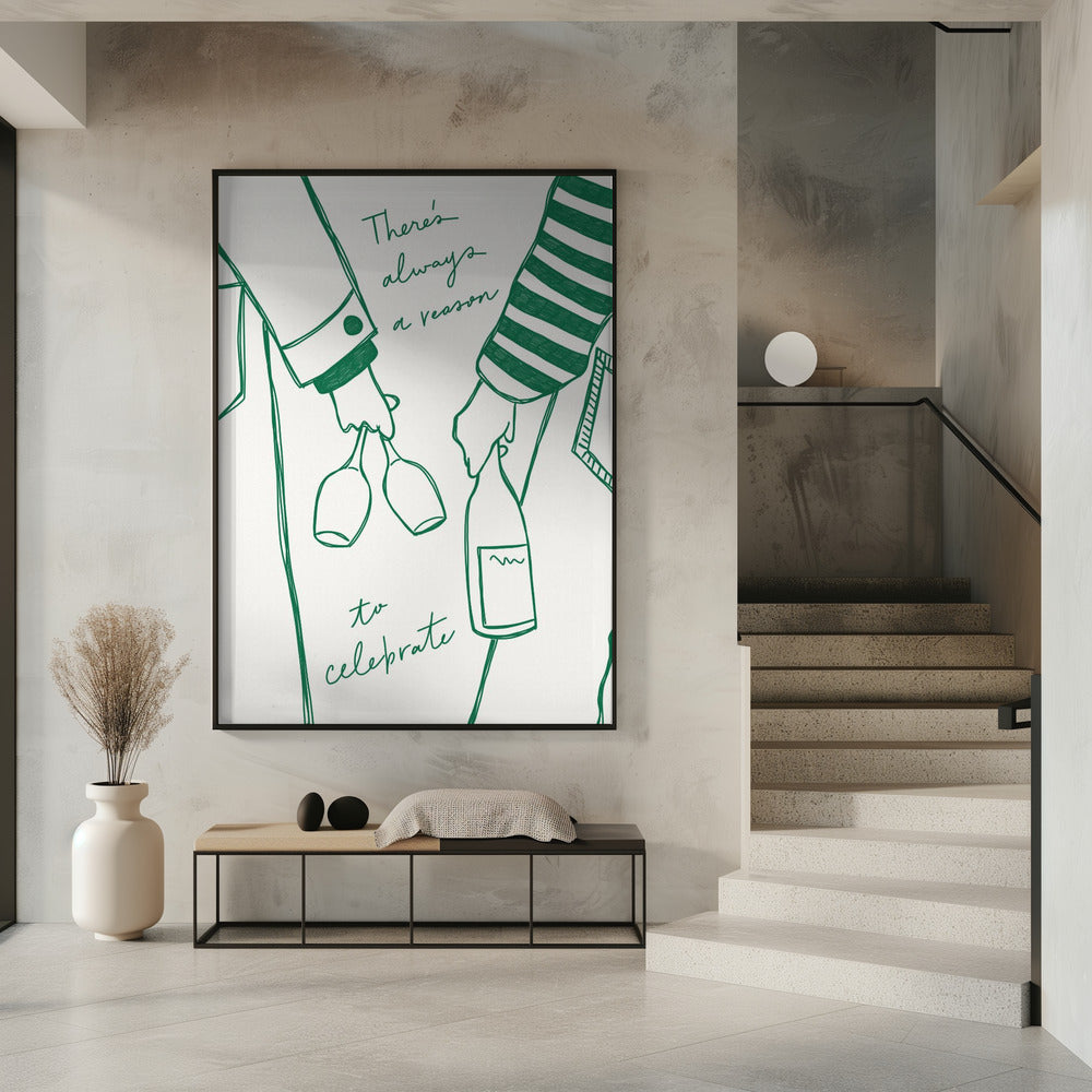 Woman holding wine bottle and wine glass (Green) - Wine Vin Femme Vert | Poster