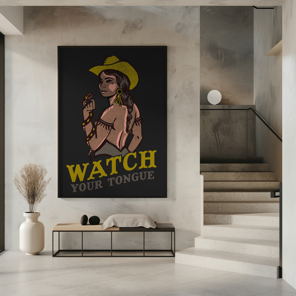 Watch Your Tongue Badass Pin-Up Cowgirl & Rattlesnake | Poster