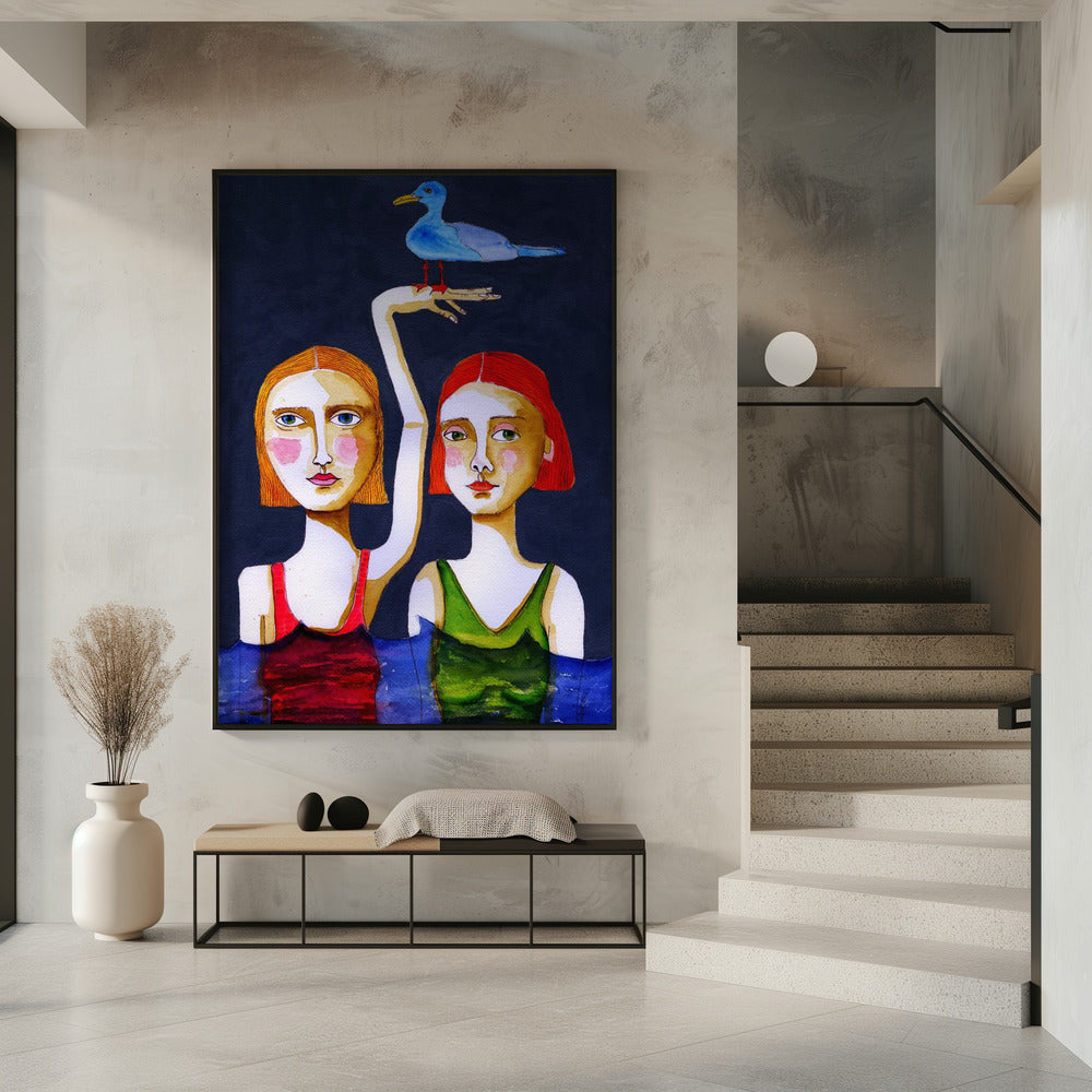 Swimming Girls with Blue Seagul. | Poster