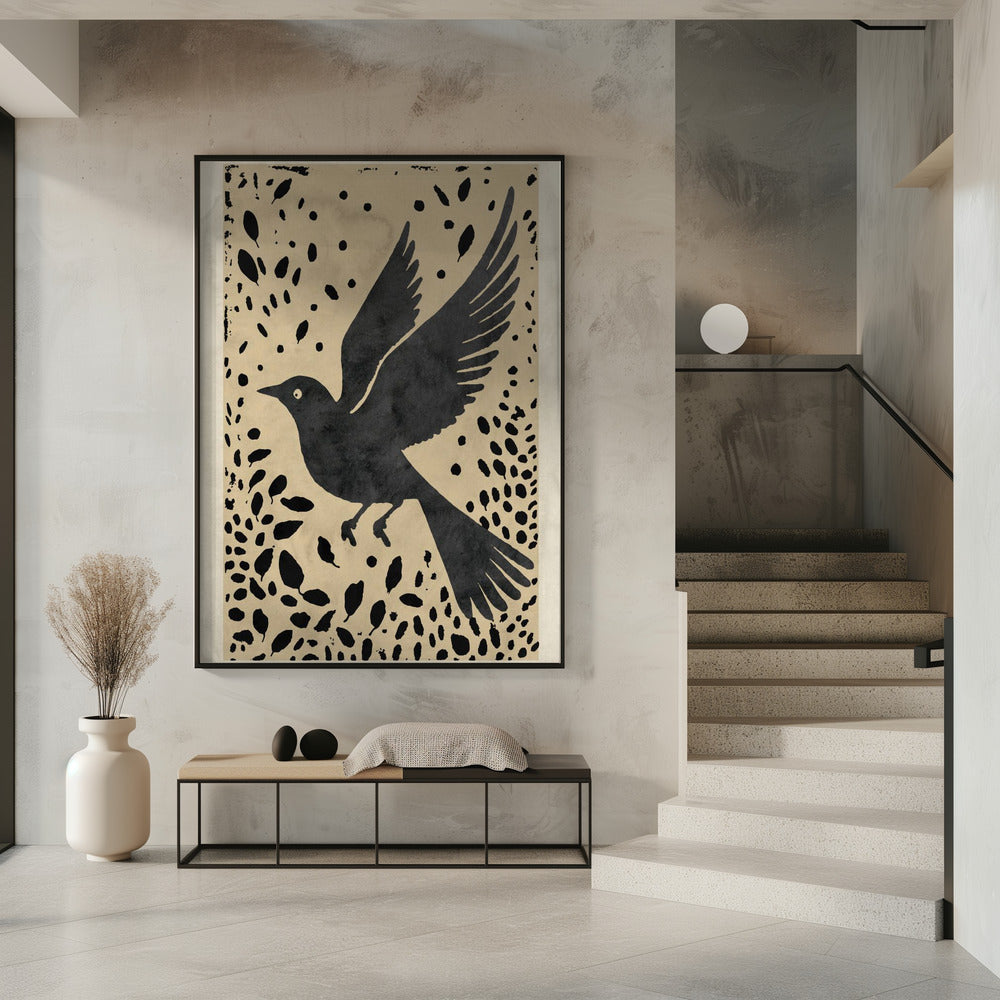 Bird In Flight Surrounded By Scattered Leaves | Poster