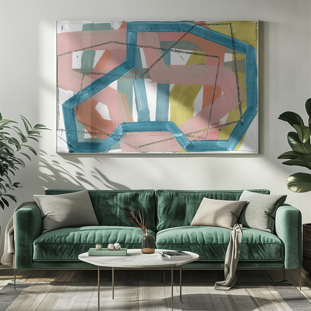 Blue & Pink Abstract Lines Art Print | Canvas