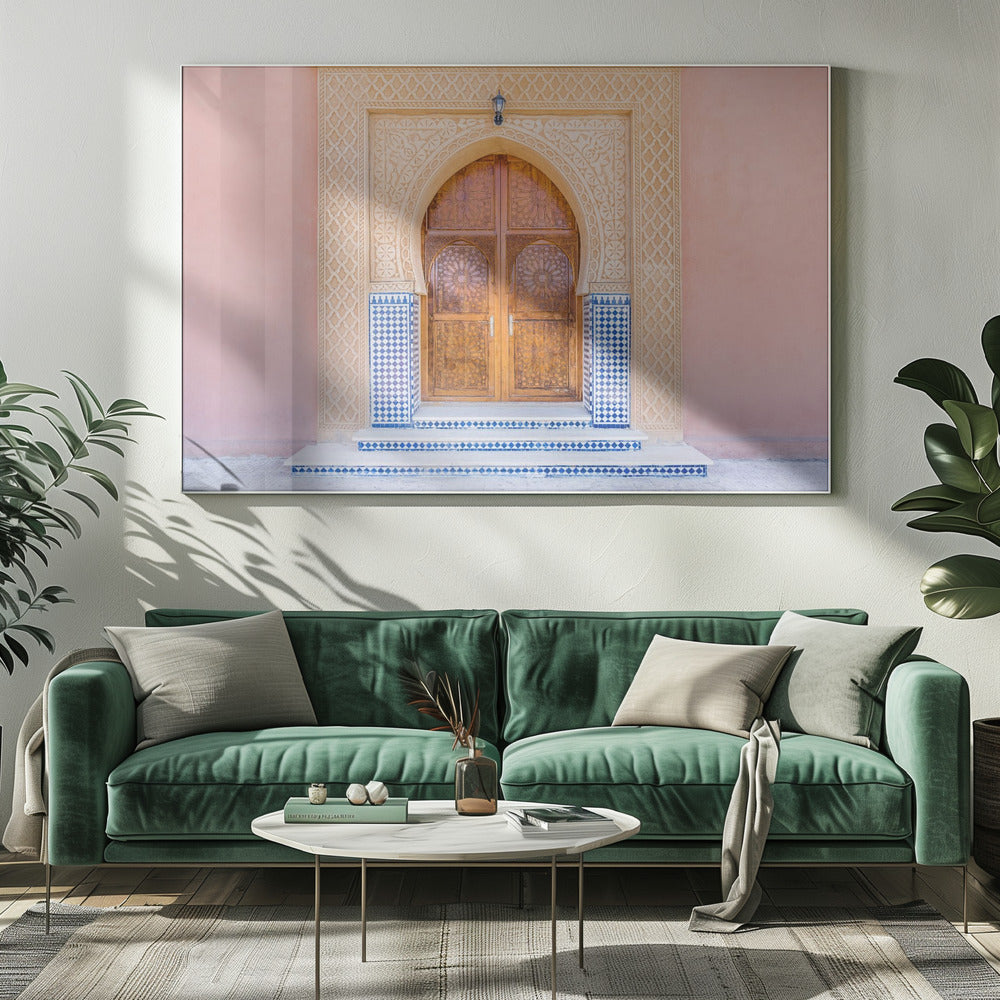 Brown door, blue tiles, pink wall in Morocco | Canvas