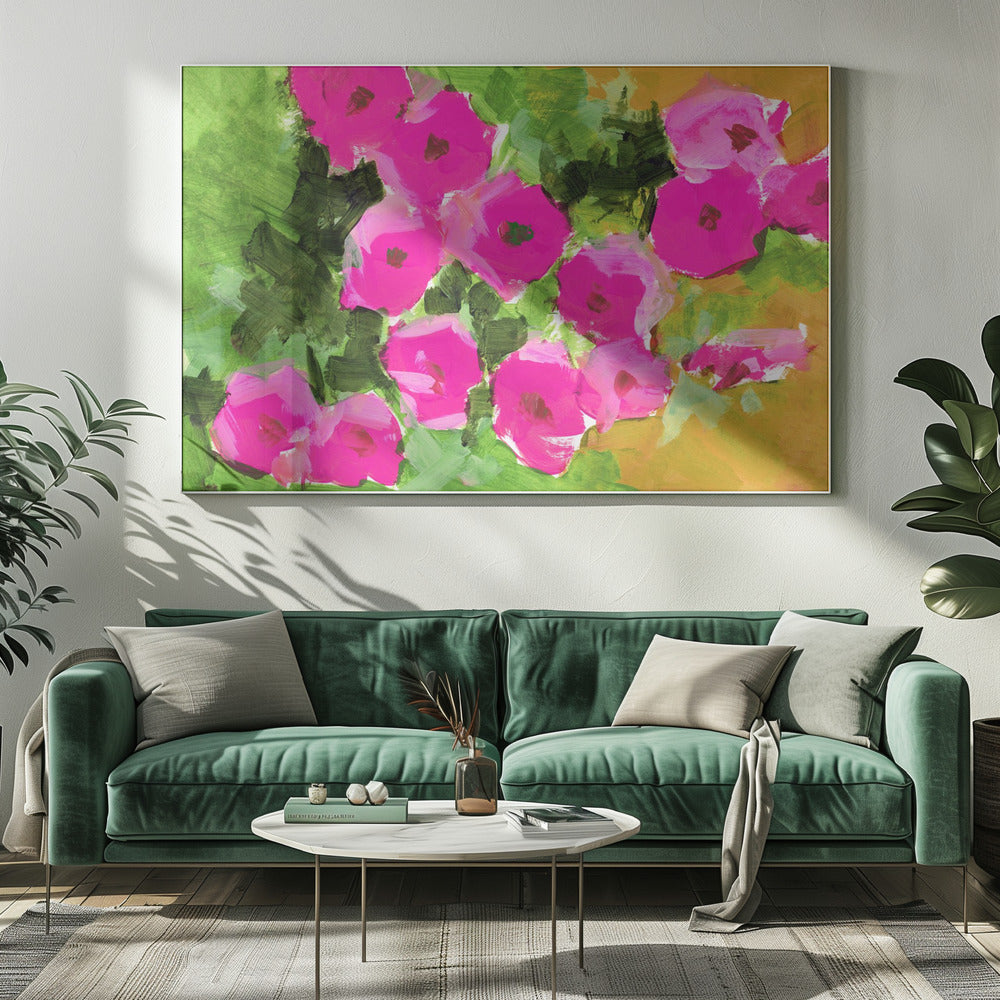 Vibrant Pink Flowers And Lush Green Leaves | Canvas