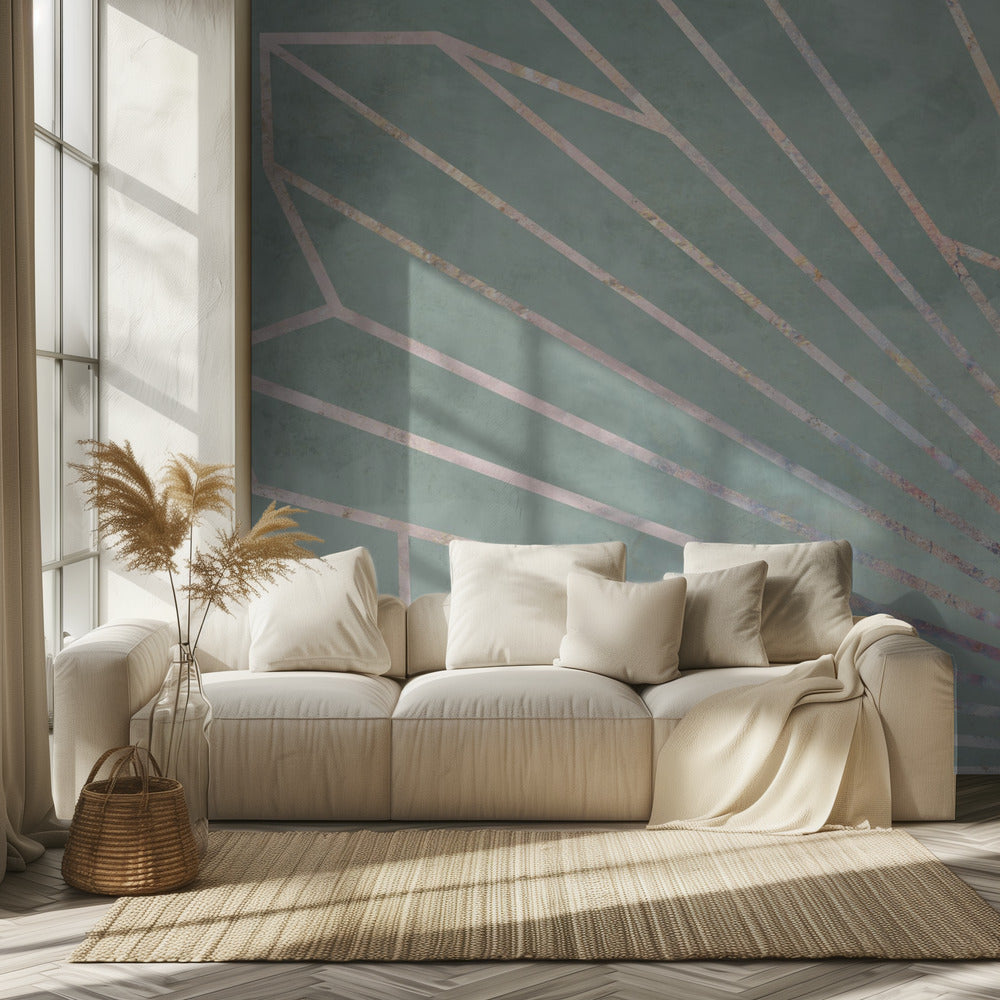 Gold geometric sun rays mural green | Wallpaper