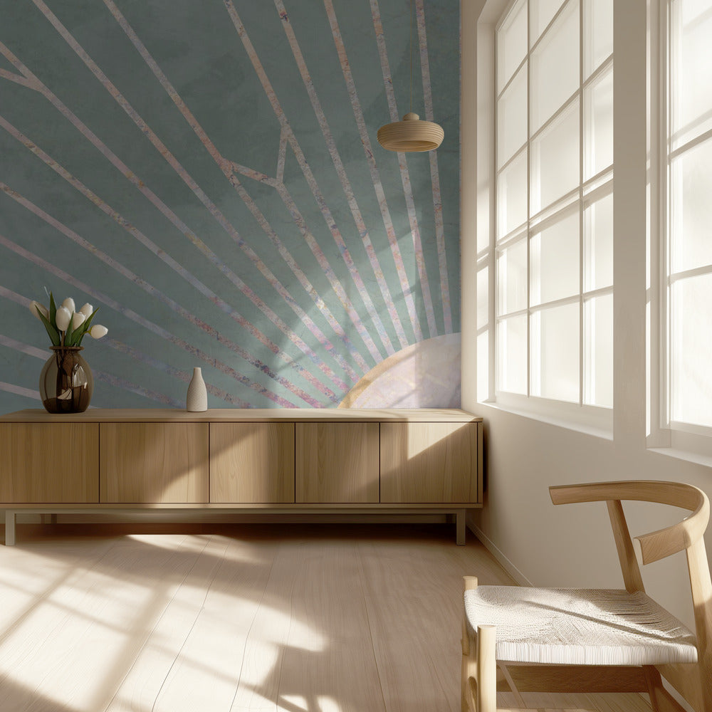 Gold geometric sun rays mural green | Wallpaper