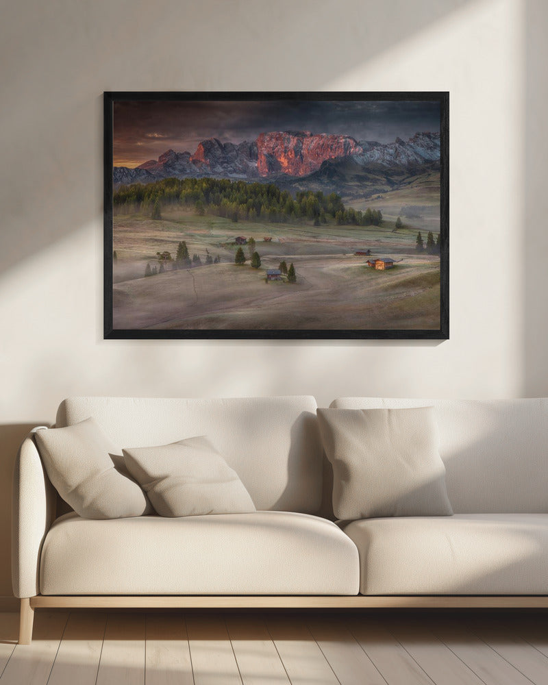 Burning mountains over the frozen valley | Canvas