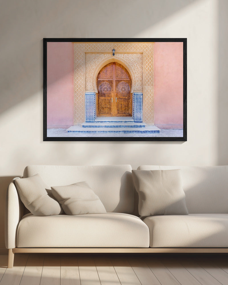 Brown door, blue tiles, pink wall in Morocco | Canvas