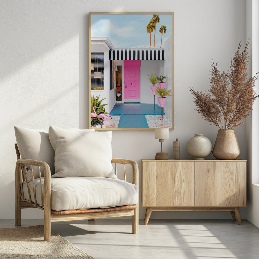Pink Door with Yard Flamingos | Poster