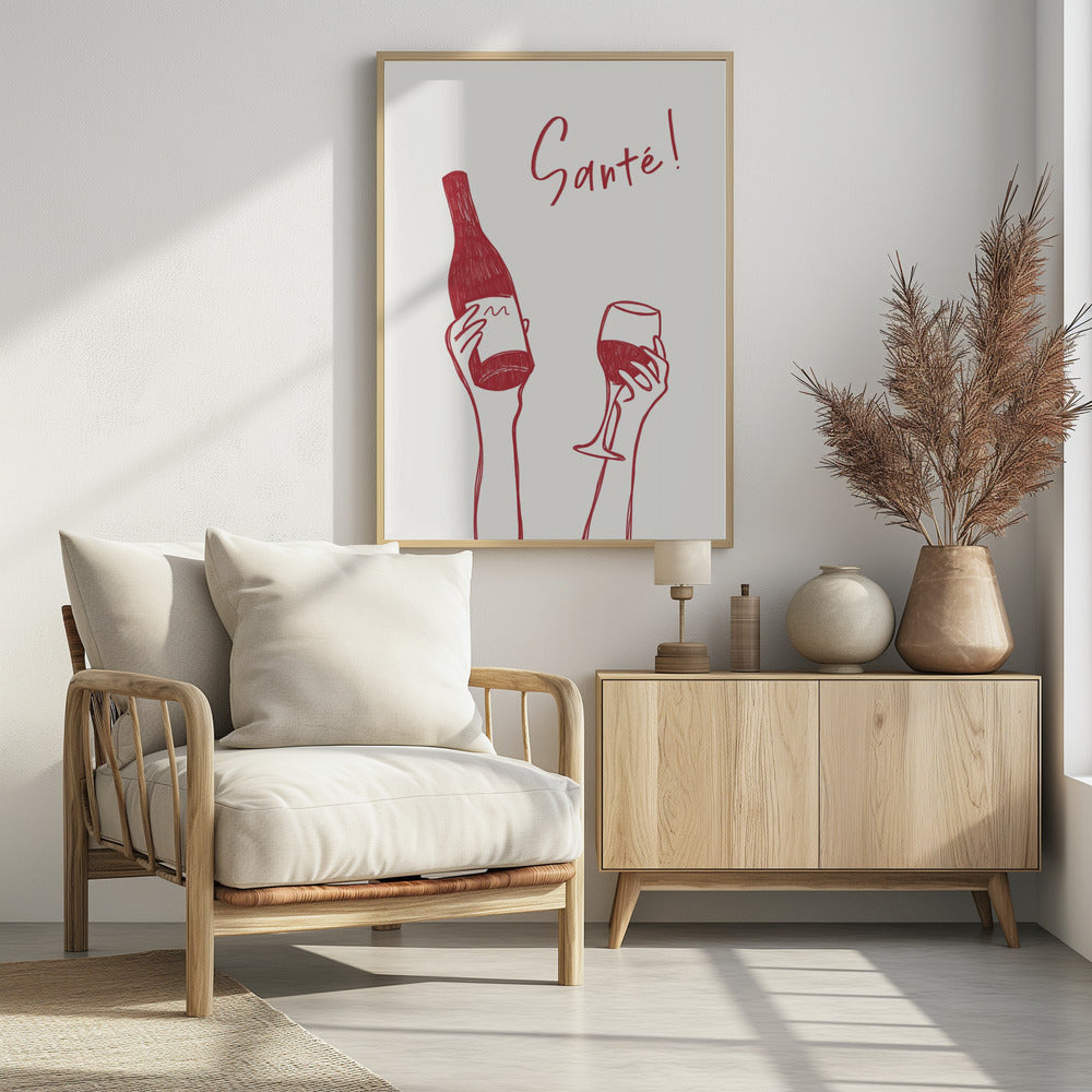 Hands holding a wine bottle and a wine glass with the text "Cheers!" in French | Poster