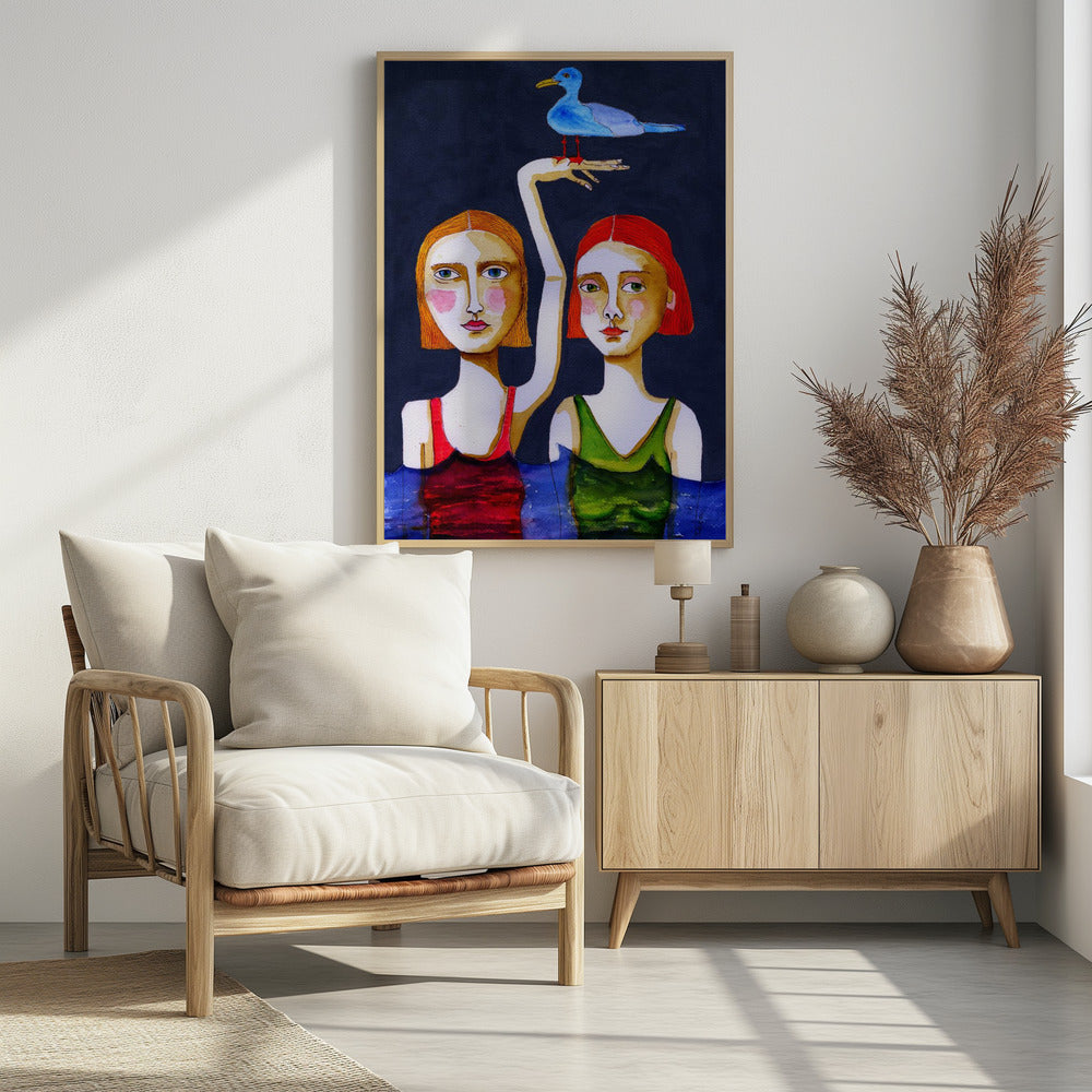 Swimming Girls with Blue Seagul. | Poster
