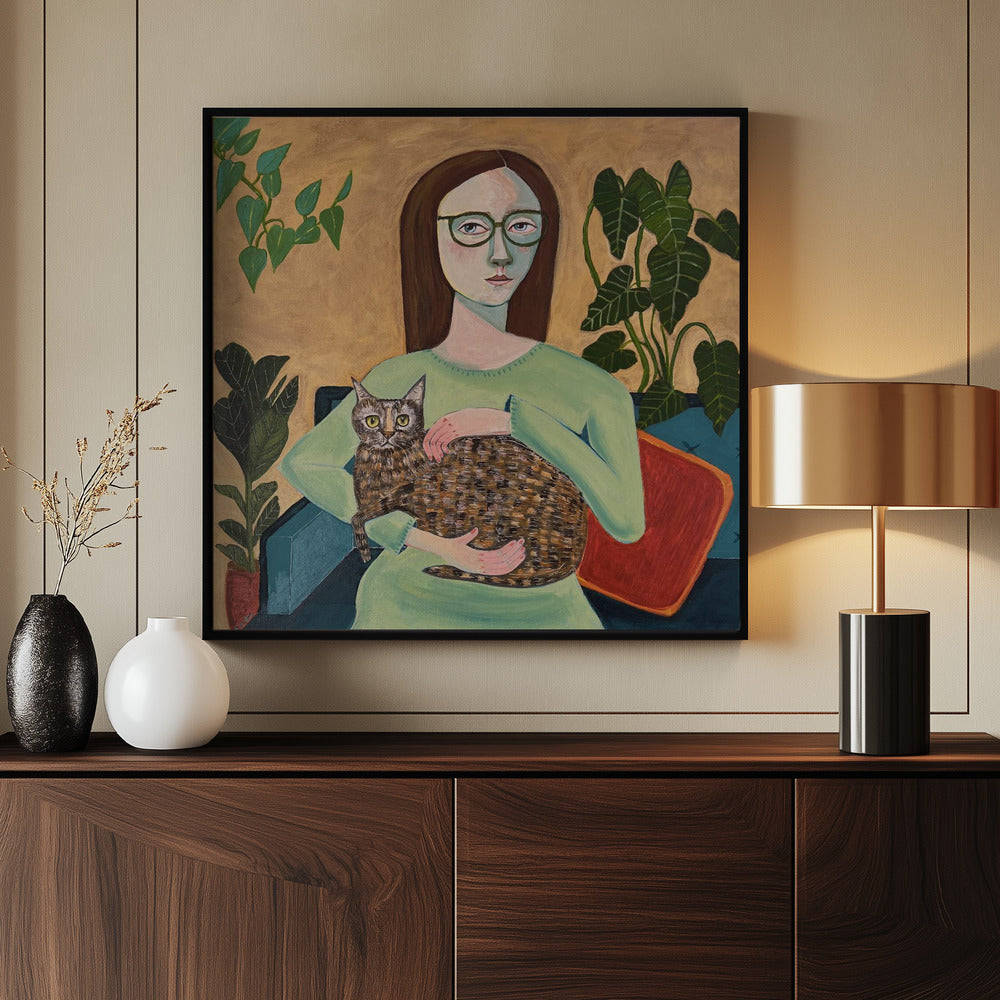 Lady with her Cat in Loungeroom | Poster