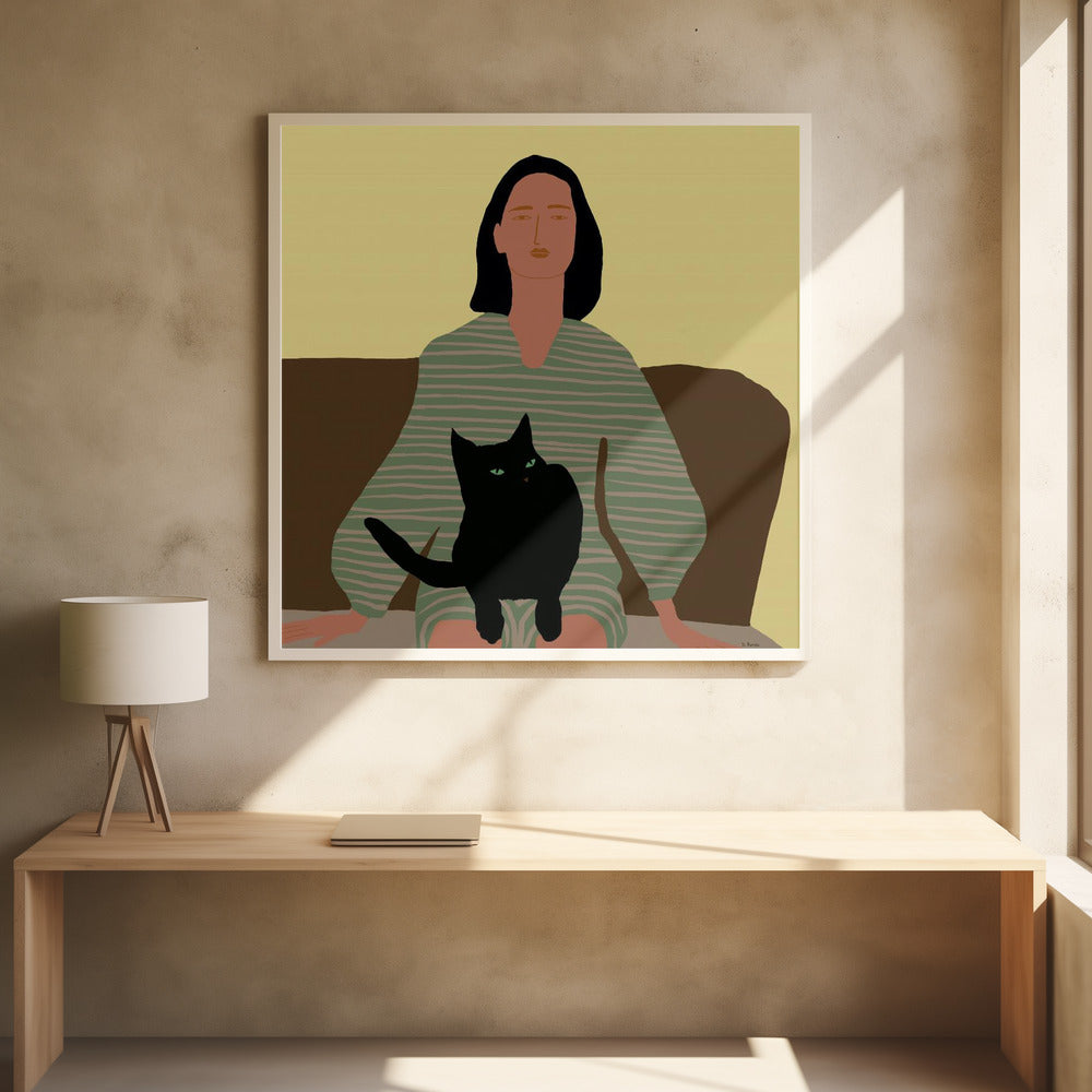 Lady sitting with black cat. | Poster